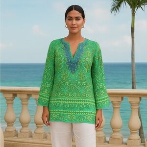 HALE BOB CABANA Silk Tunic Top M Beaded Sheer Blouse Resort Vacation Boho Artsy